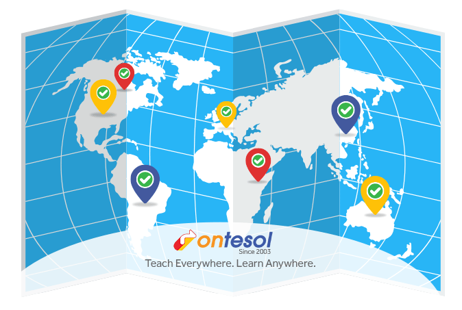 World map with icons indicating where OnTESOL's TEFL/TESOL certification is accepted.